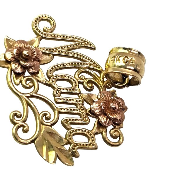 14K Yellow & Rose Gold Mama Pendant Flowers Delicate Filigree Two Tone - Picture 3 of 8